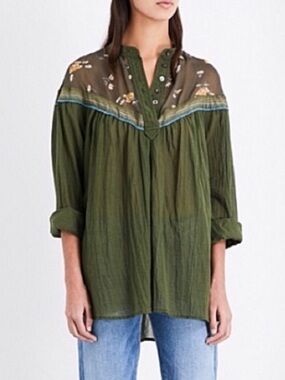 Free People Hearts Colors Tunic Shirt Green Boho Sheer Yoke Top M Garden Earthy